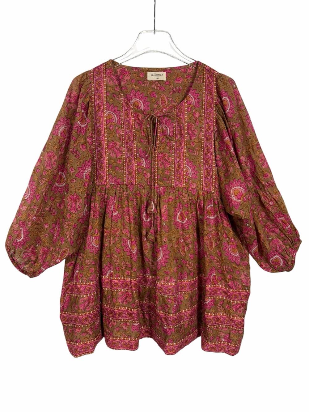 Talisman Pink Floral Bohemian Babydoll Peasant Blouse Top Pink Brown Size S/M